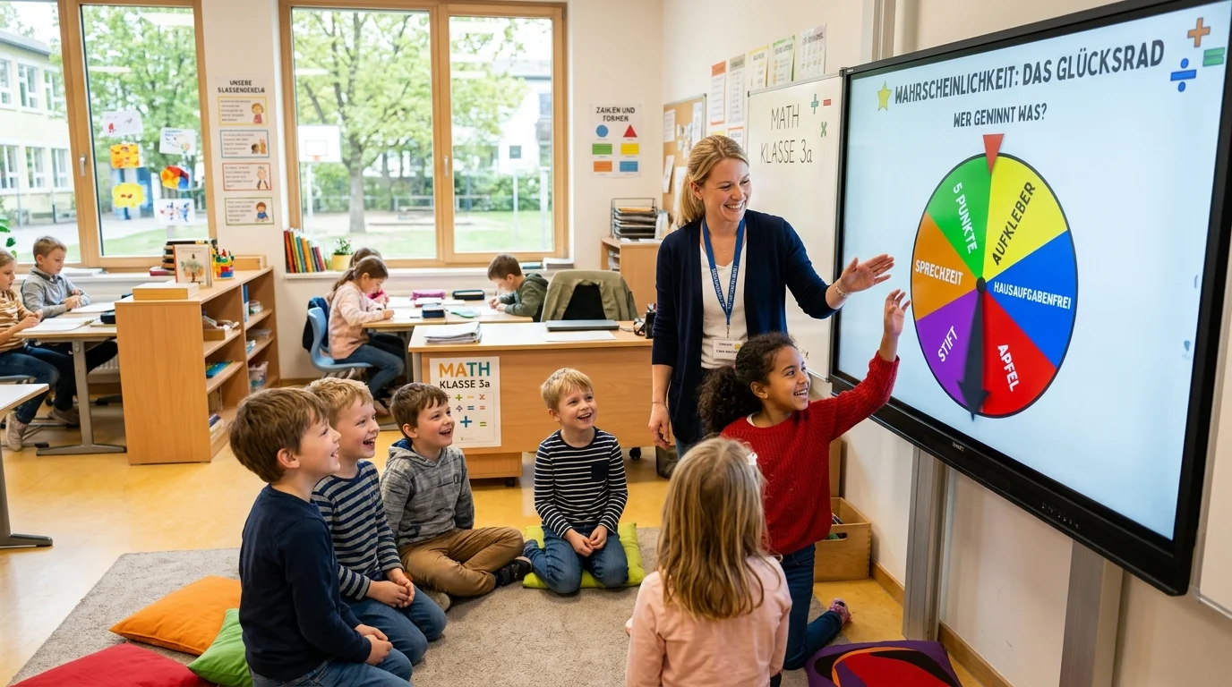 Grundschulkinder im Mathematikunterricht lernen Wahrscheinlichkeiten mit dem Glücksrad am Smartboard