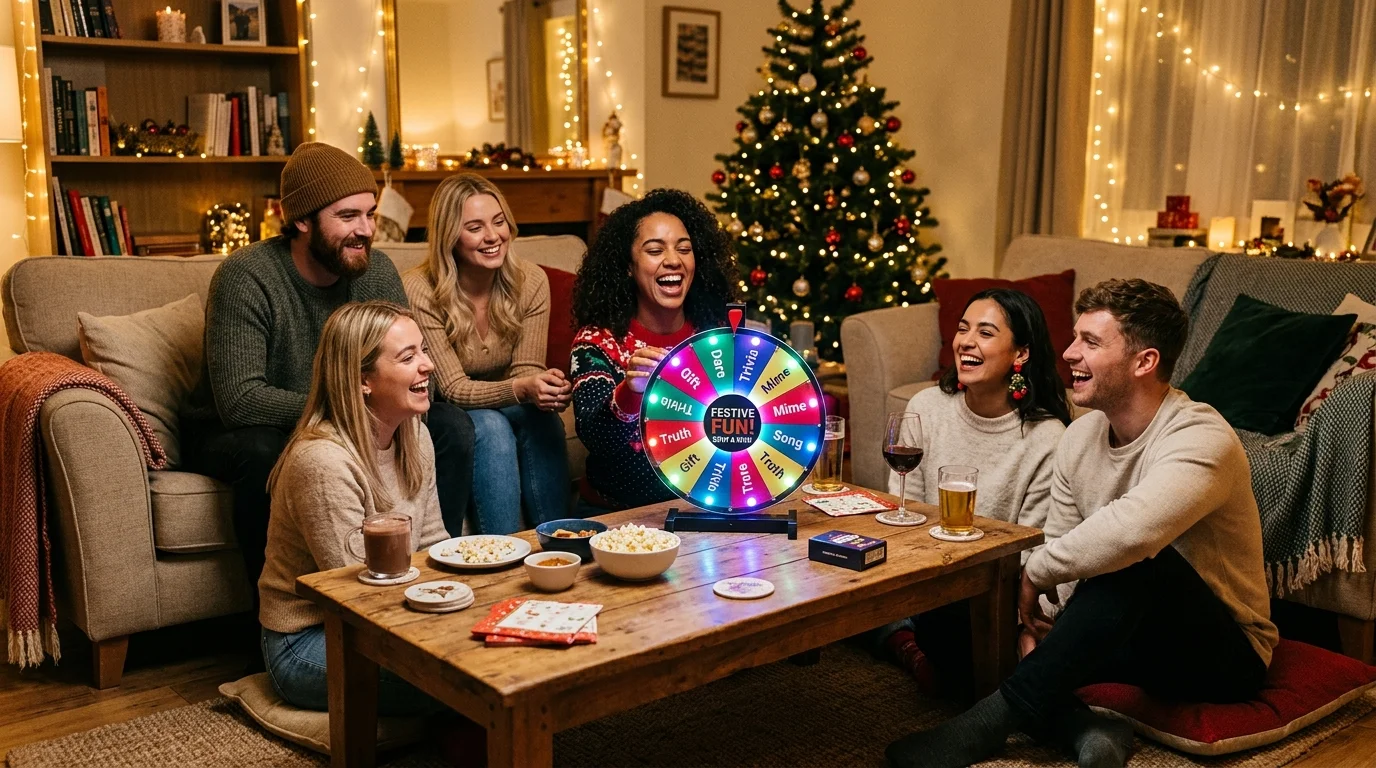 Freunde spielen Party-Glücksrad mit Wahrheit oder Pflicht und Trinkspielen am Wohnzimmertisch
