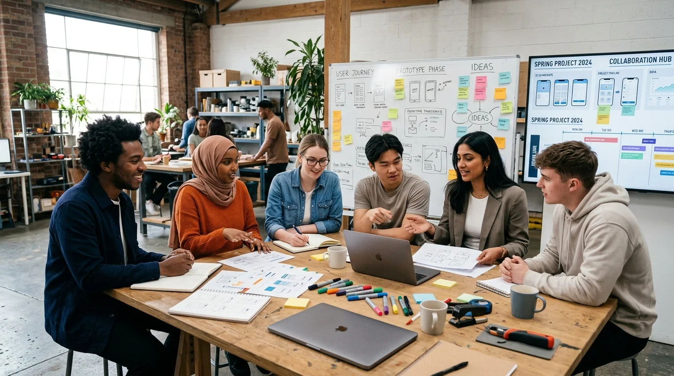 Diverse Gruppe von Studenten und Kreativen arbeitet in ausgewogenen Teams im Workshop zusammen
